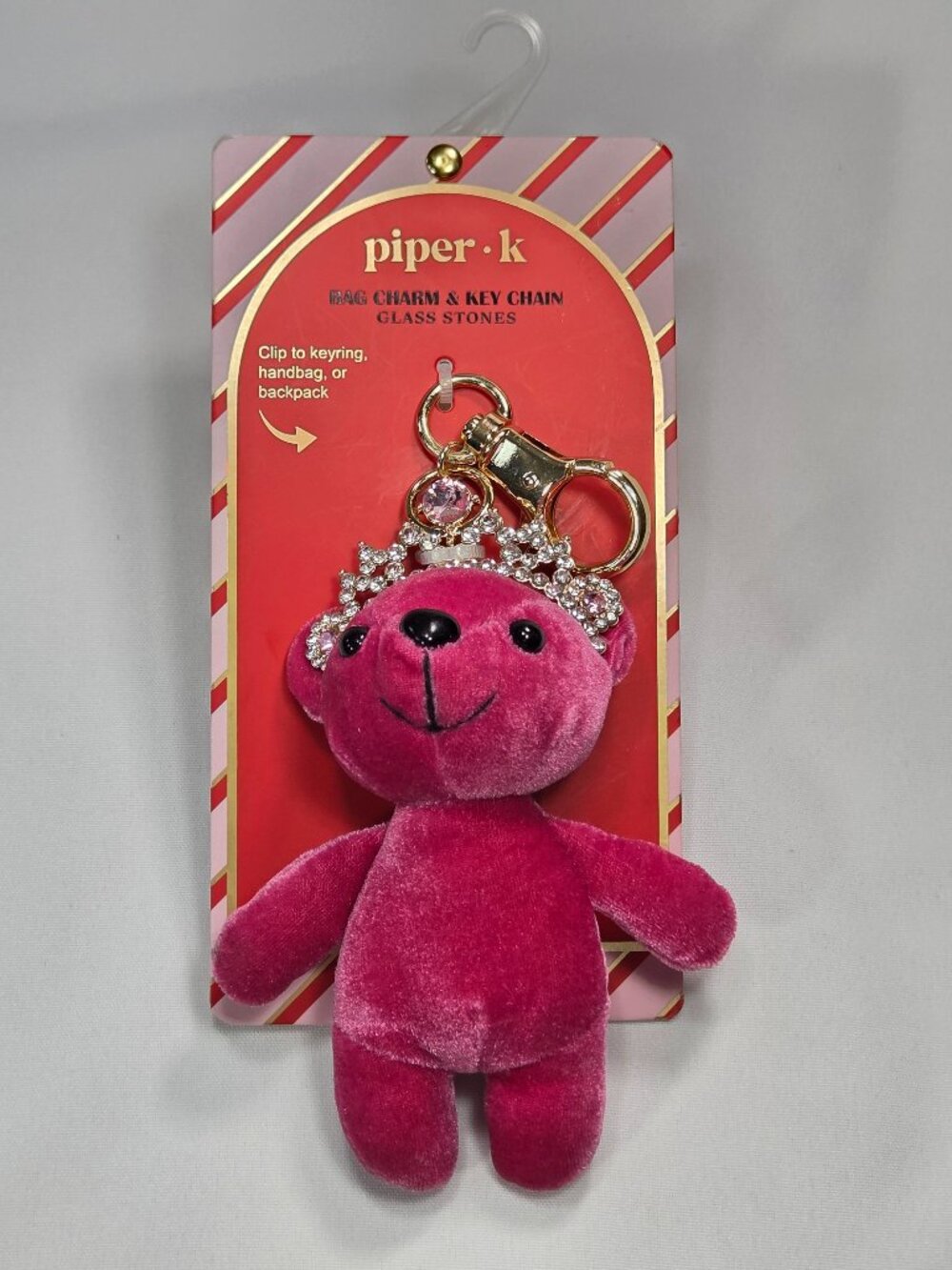 Piper K Pink Princess Velvet Bear Bag Charm Keychain Rhinestone Tiara Crown NWT